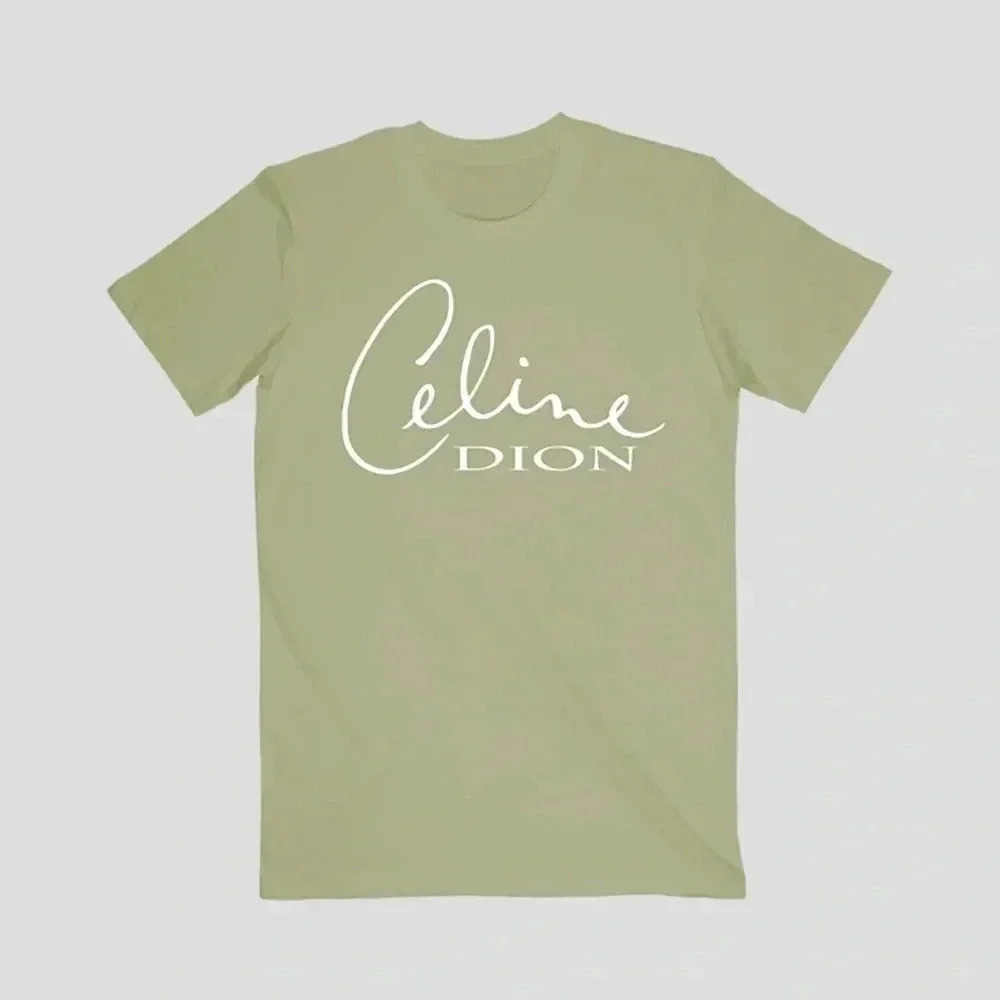 NWT CELINE DION OFFICIAL MERCH sage grn logo Cotton t-shirt unisex short sleeve